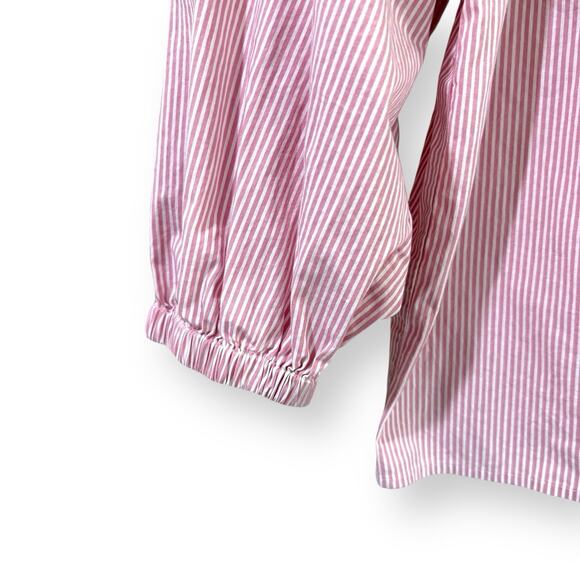 J. Crew Cotton Poplin Smocked Striped 3/4 Sleeve Top Small Pink White BM027 - Picture 4 of 11